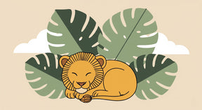 Detailed cuddly lion and tropical leaves mural wallpaper design pattern by Kids-Mundo