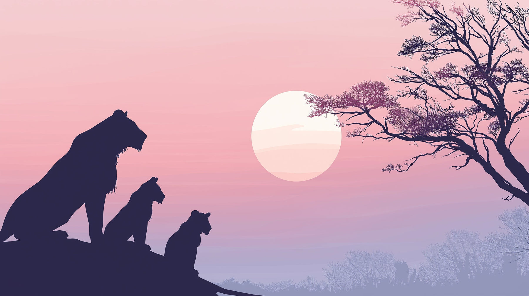Detailed lion safari sunset mural wallpaper design pattern with pink violet savanna scene by Kids-Mundo