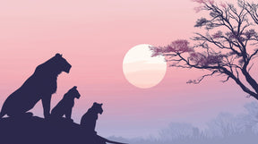 Detailed lion safari sunset mural wallpaper design pattern with pink violet savanna scene by Kids-Mundo
