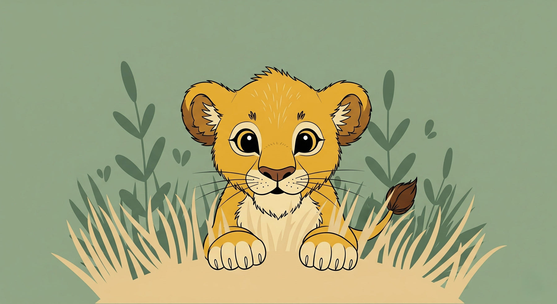 Detailed lion safari mural wallpaper design pattern showing cute cub in savanna grass by Kids-Mundo