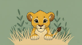 Detailed lion safari mural wallpaper design pattern showing cute cub in savanna grass by Kids-Mundo