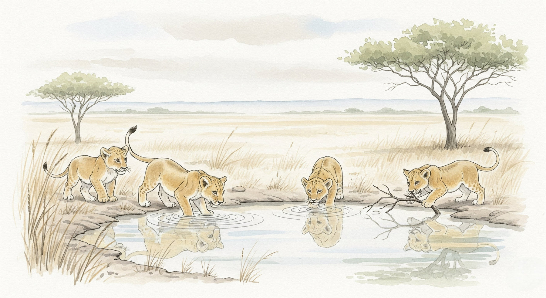 Detailed lion safari mural wallpaper design pattern showing baby lions playing by water in savanna by Kids-Mundo