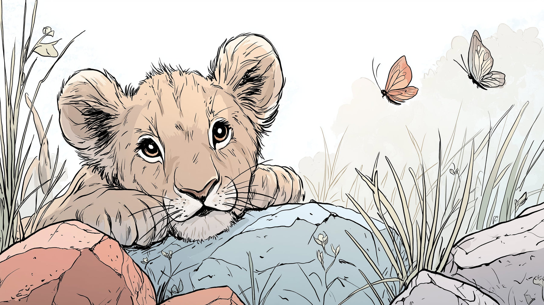 Detailed lion safari mural wallpaper design pattern with curious cub and butterflies by Kids-Mundo