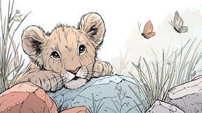 Detailed lion safari mural wallpaper design pattern with curious cub and butterflies by Kids-Mundo