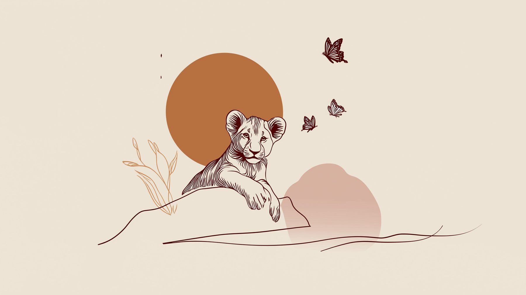 Detailed lion cub and butterflies mural wallpaper design pattern by Kids-Mundo
