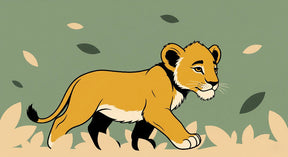 Detailed young lion safari mural wallpaper design pattern with dancing leaves by Kids-Mundo