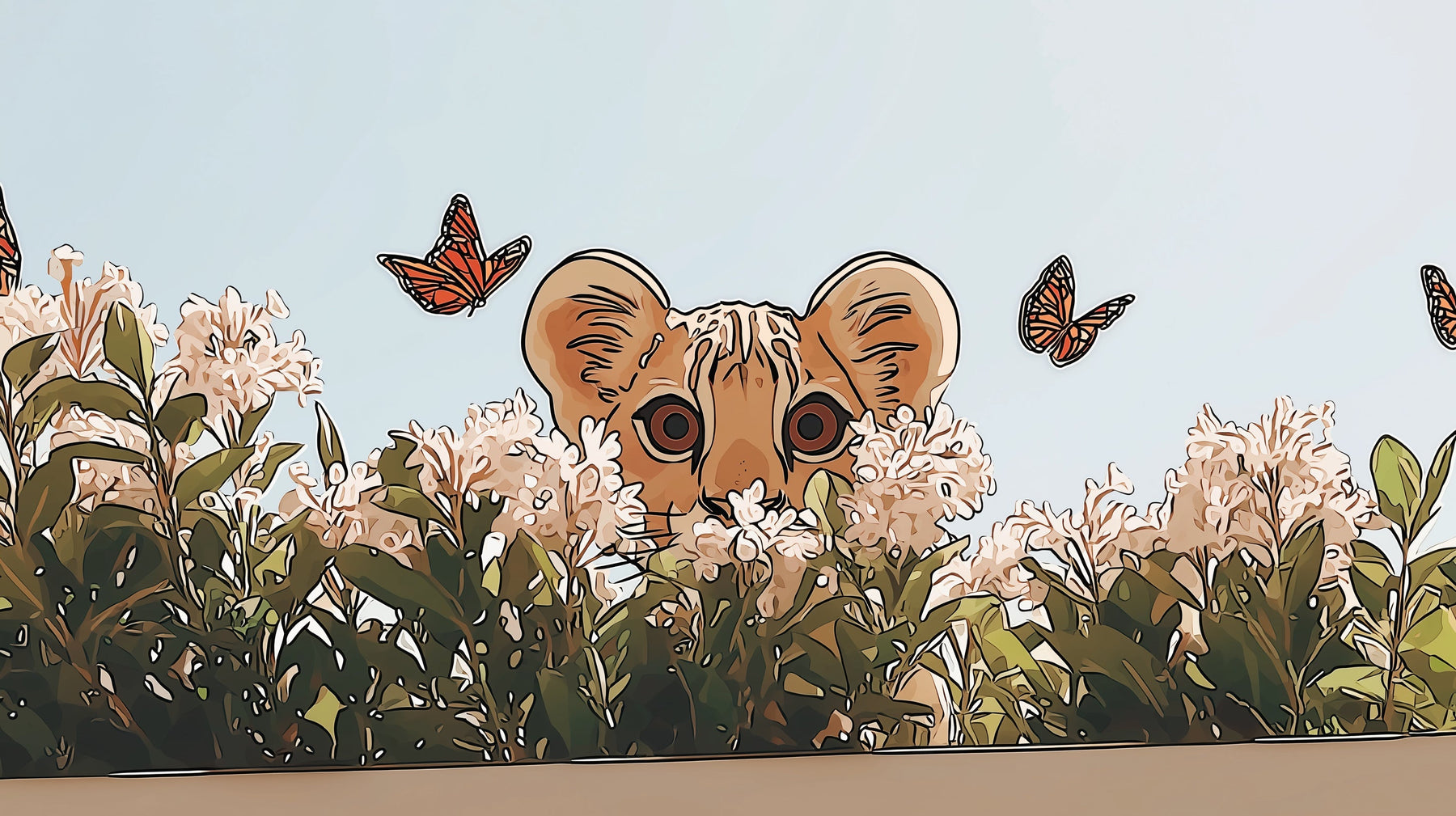 Detailed lion cub and butterfly mural wallpaper design pattern with floral elements by Kids-Mundo
