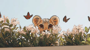 Detailed lion cub and butterfly mural wallpaper design pattern with floral elements by Kids-Mundo