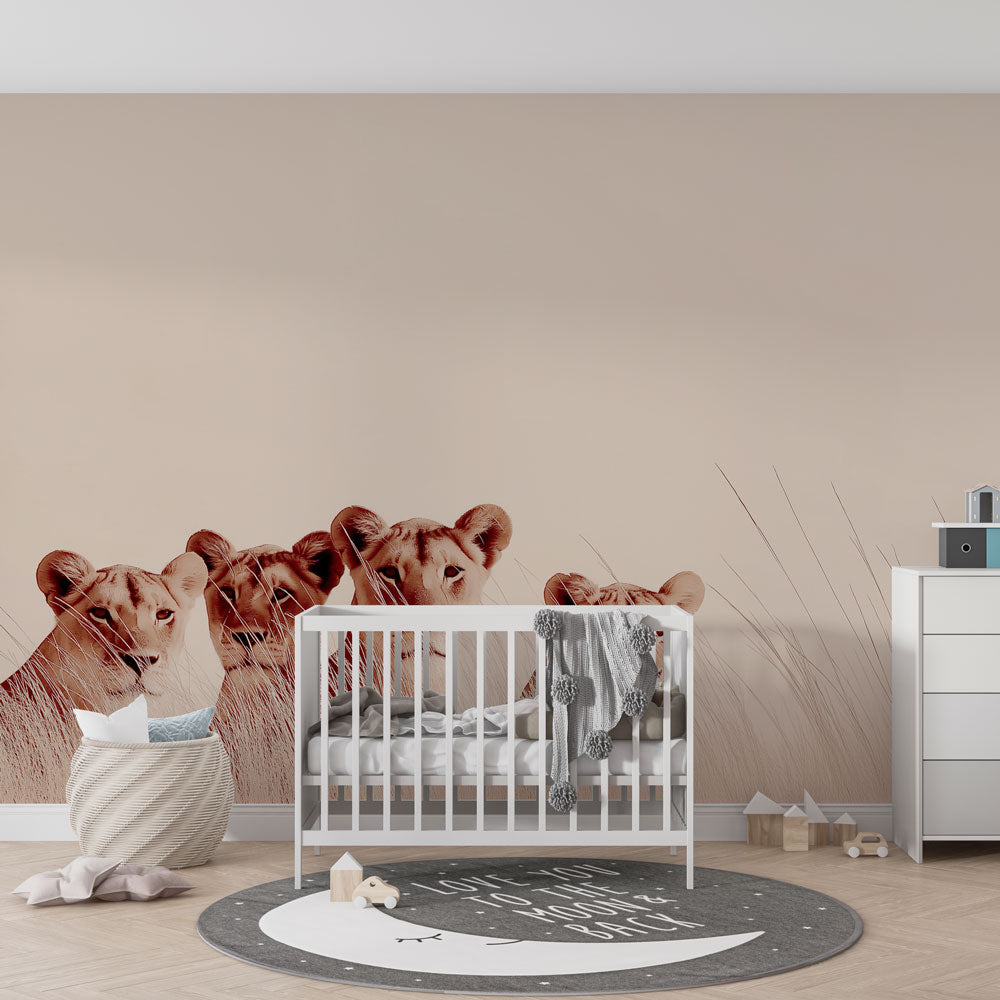 African lion wallpaper creating adventurous atmosphere in children's bedroom decor