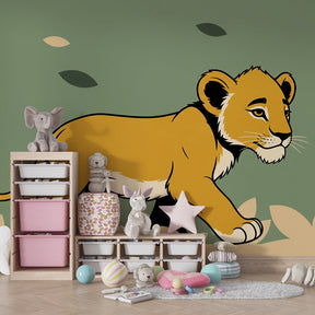 Young lion safari mural wallpaper transforming kids room into African adventure space by Kids-Mundo