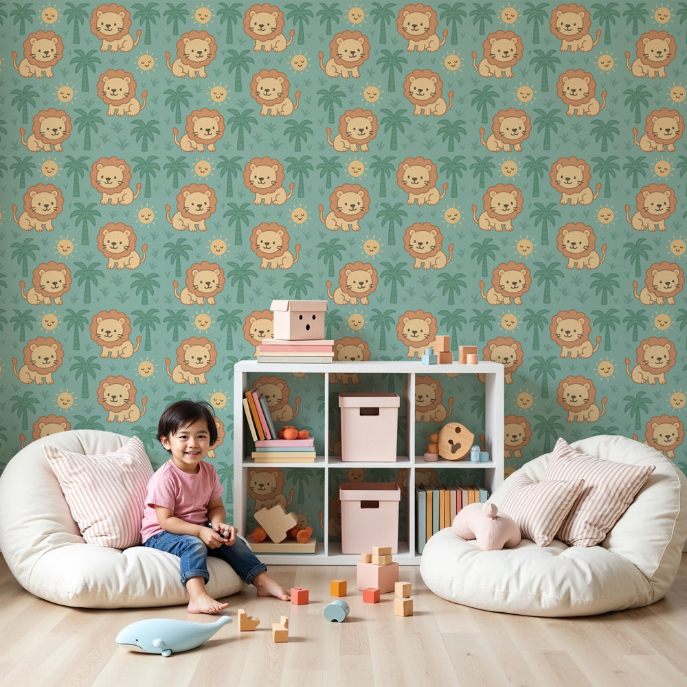 Lion safari mural wallpaper in modern nursery with tropical palm trees and smiling sun by Kids-Mundo