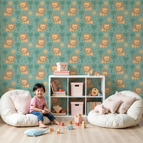 Lion safari mural wallpaper in modern nursery with tropical palm trees and smiling sun by Kids-Mundo