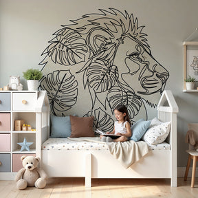 Lion safari mural wallpaper with tropical foliage in modern nursery setting by Kids-Mundo