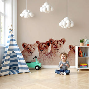 Lion safari mural wallpaper in modern nursery with natural wood furniture by Kids-Mundo