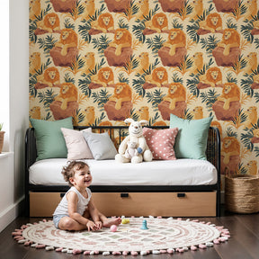 Lion safari mural wallpaper creating adventurous nursery decor with warm golden tones by Kids-Mundo