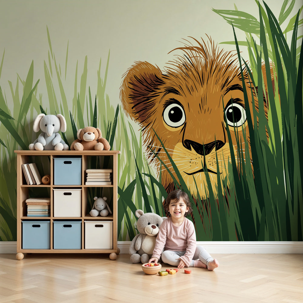 Lion safari mural wallpaper with curious cub creating adventurous nursery decor by Kids-Mundo