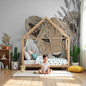 Lion safari mural wallpaper creating cozy wildlife nursery decor by Kids-Mundo