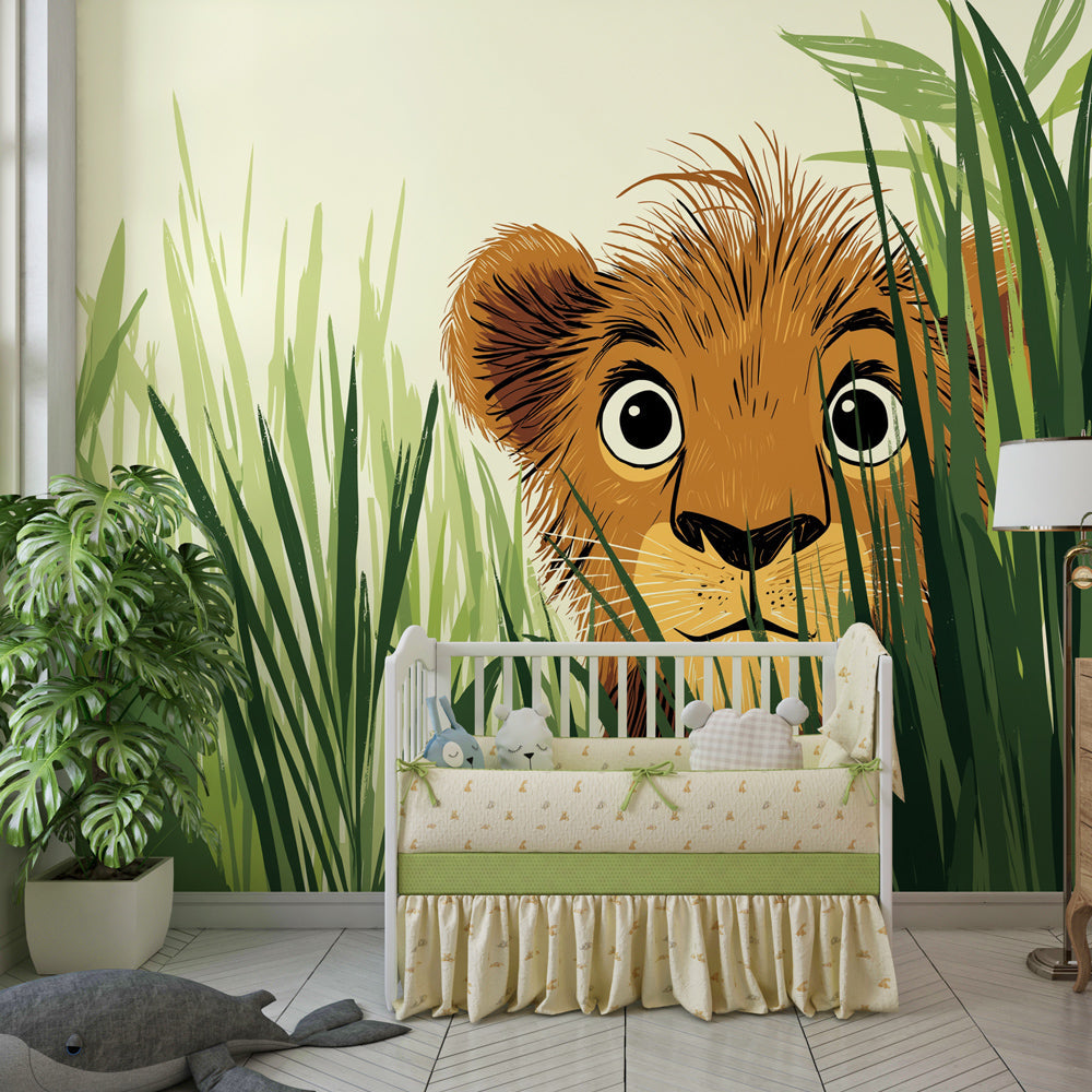 Curious lion cub mural wallpaper transforming kids playroom with savanna adventure theme