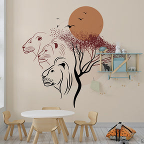 Majestic lion sunset wallpaper transforming kids playroom into safari adventure space