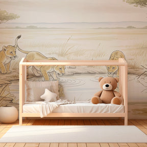 African safari mural wallpaper transforming kids playroom with adorable lion cubs by watering hole