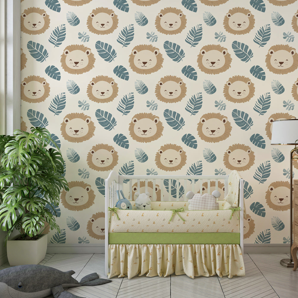 Gentle lion heads wallpaper transforming kids playroom into magical safari adventure zone