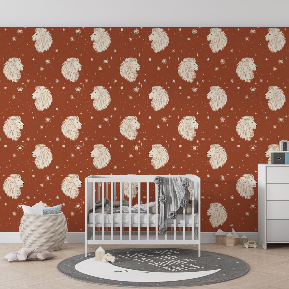 Lion head wallpaper creating adventurous safari atmosphere in modern kids playroom decor