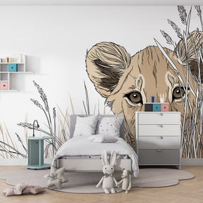 Safari themed playroom featuring gentle lion mural wallpaper for kids by Kids-Mundo