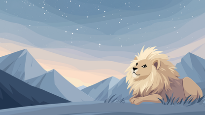 Kids-Mundo flat artwork of a golden lion resting beneath a starry mountain sky.