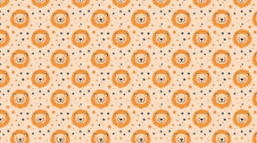 Detailed lion and star mural wallpaper design pattern showing orange lions on beige background by Kids-Mundo