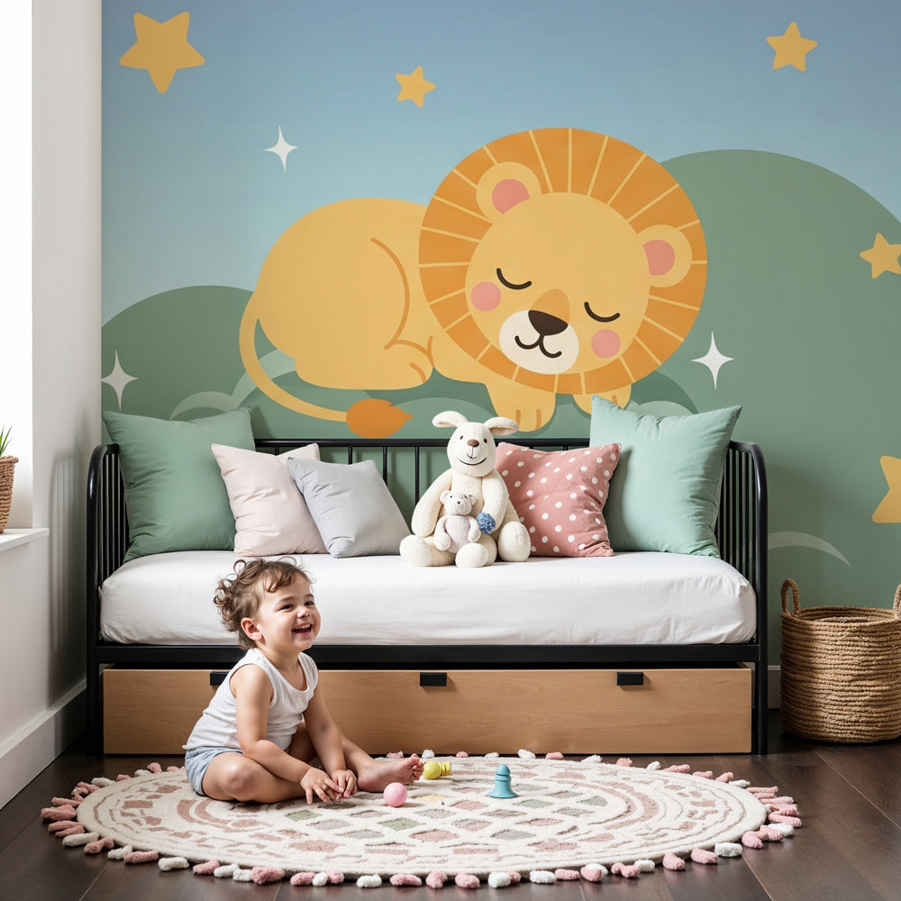 Sleeping lion stars mural wallpaper creating peaceful safari nursery decor by Kids-Mundo