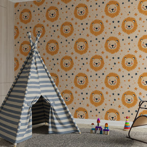 Safari animal mural wallpaper with smiling lions and stars for children's playroom by Kids-Mundo