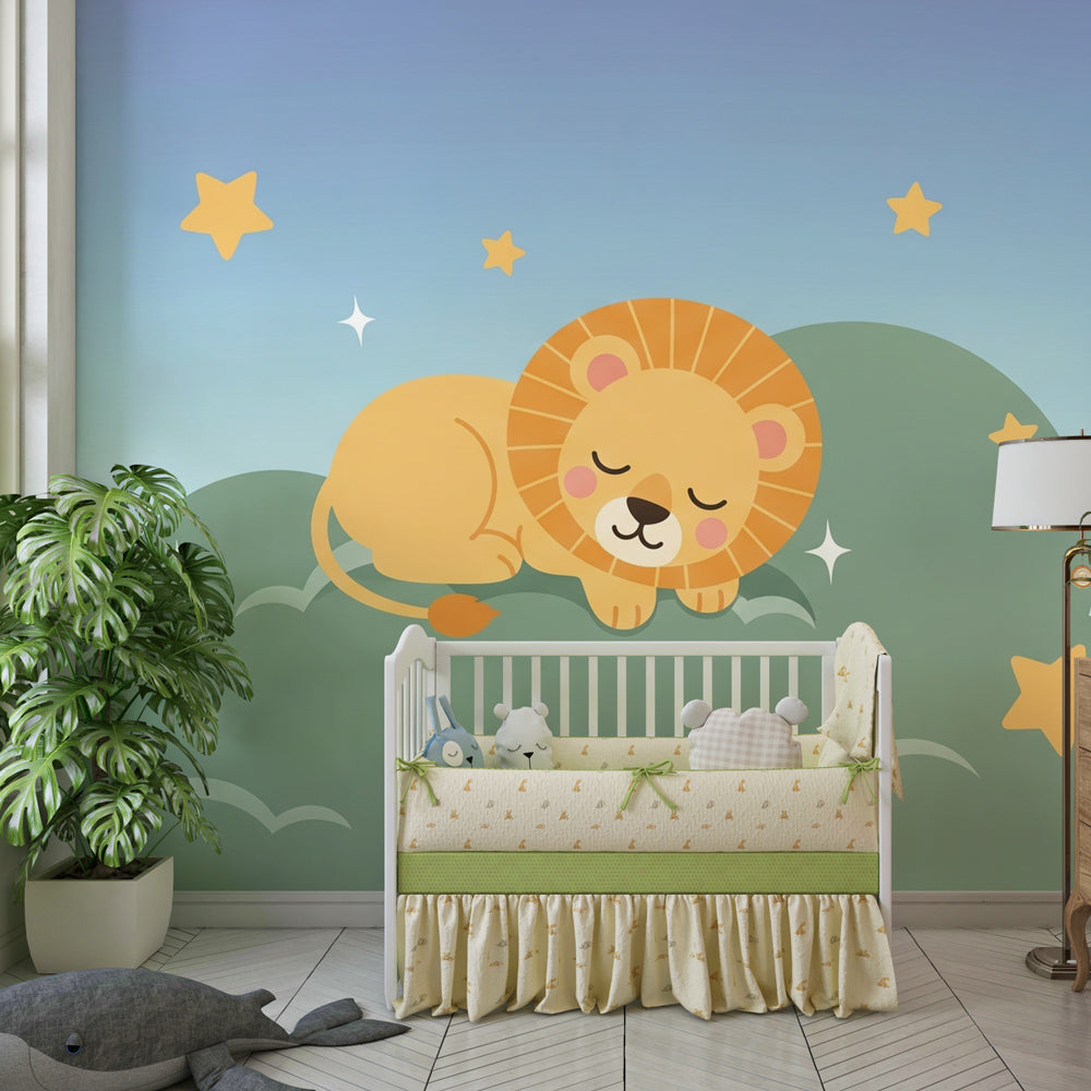 Celestial lion mural wallpaper transforming toddler room into dreamy safari space