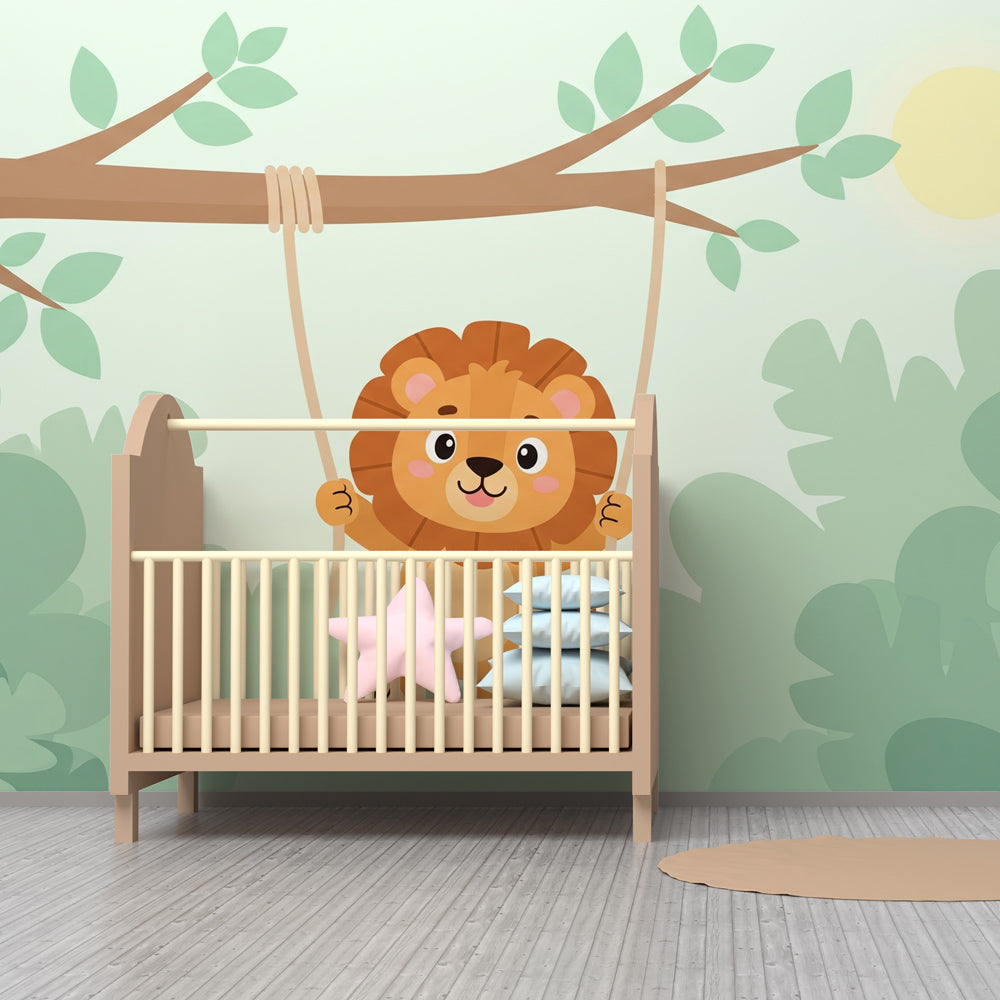 Safari animal wallpaper with swinging lion in colorful children's playroom