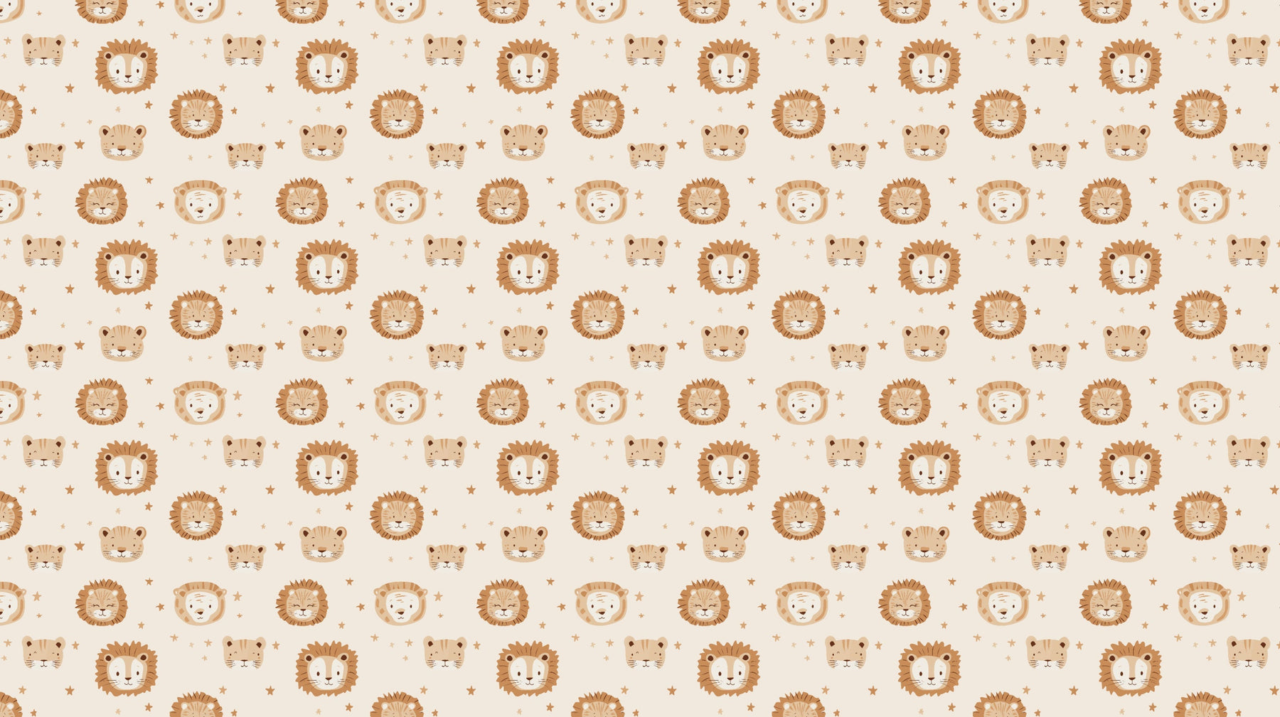 Detailed lion and tiger safari mural wallpaper design pattern in beige caramel tones by Kids-Mundo