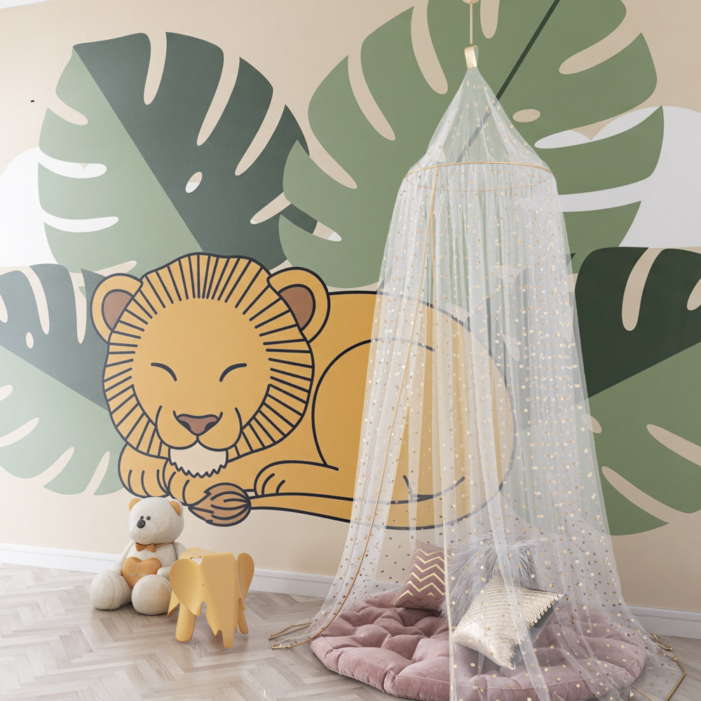 Sleeping lion and tropical leaves wallpaper creating peaceful children's bedroom decor