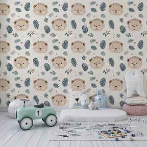 Smiling lion faces tropical wallpaper transforming children's bedroom into jungle safari theme
