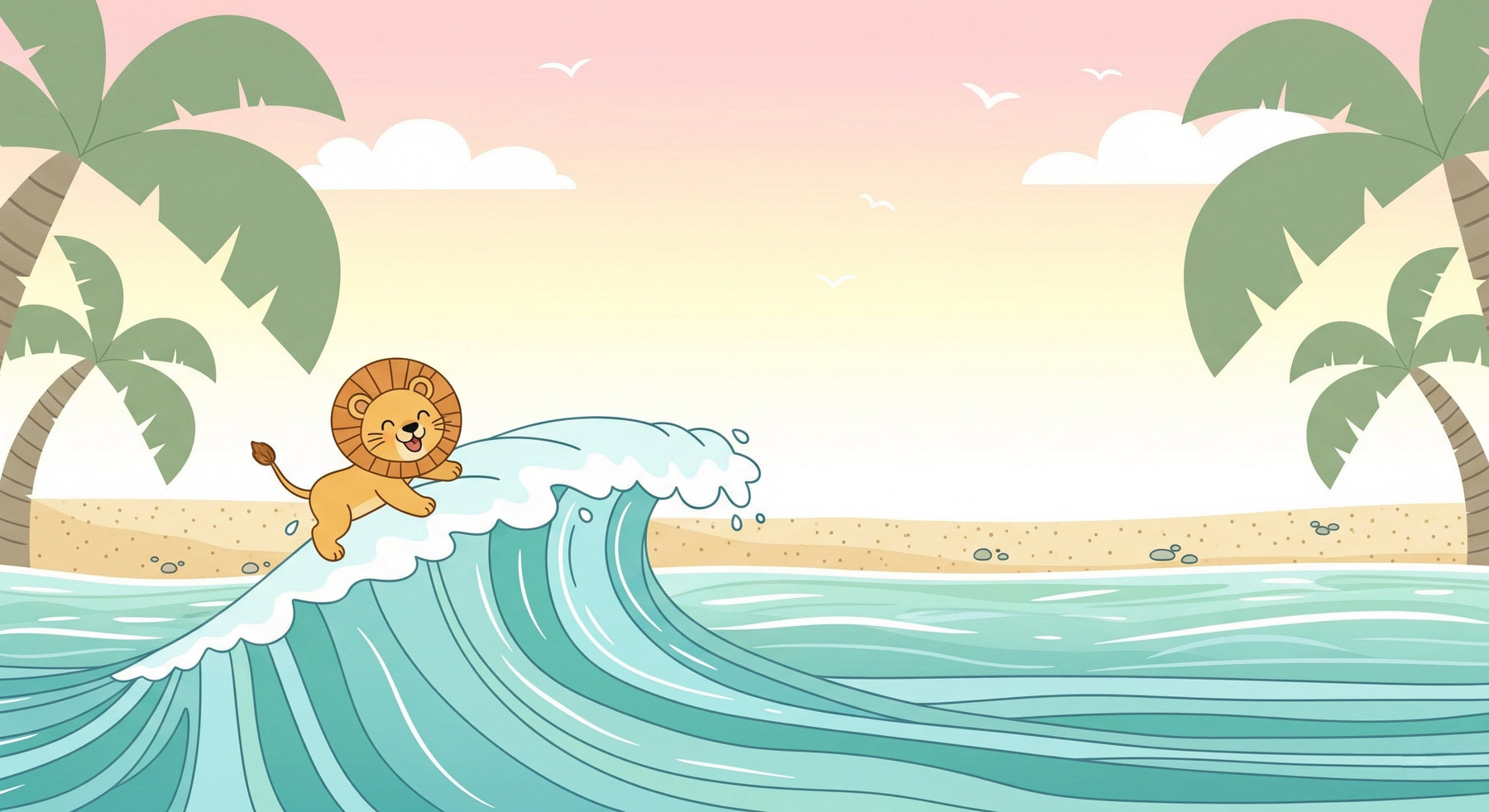 Detailed lion surfing waves mural wallpaper design pattern with tropical elements by Kids-Mundo
