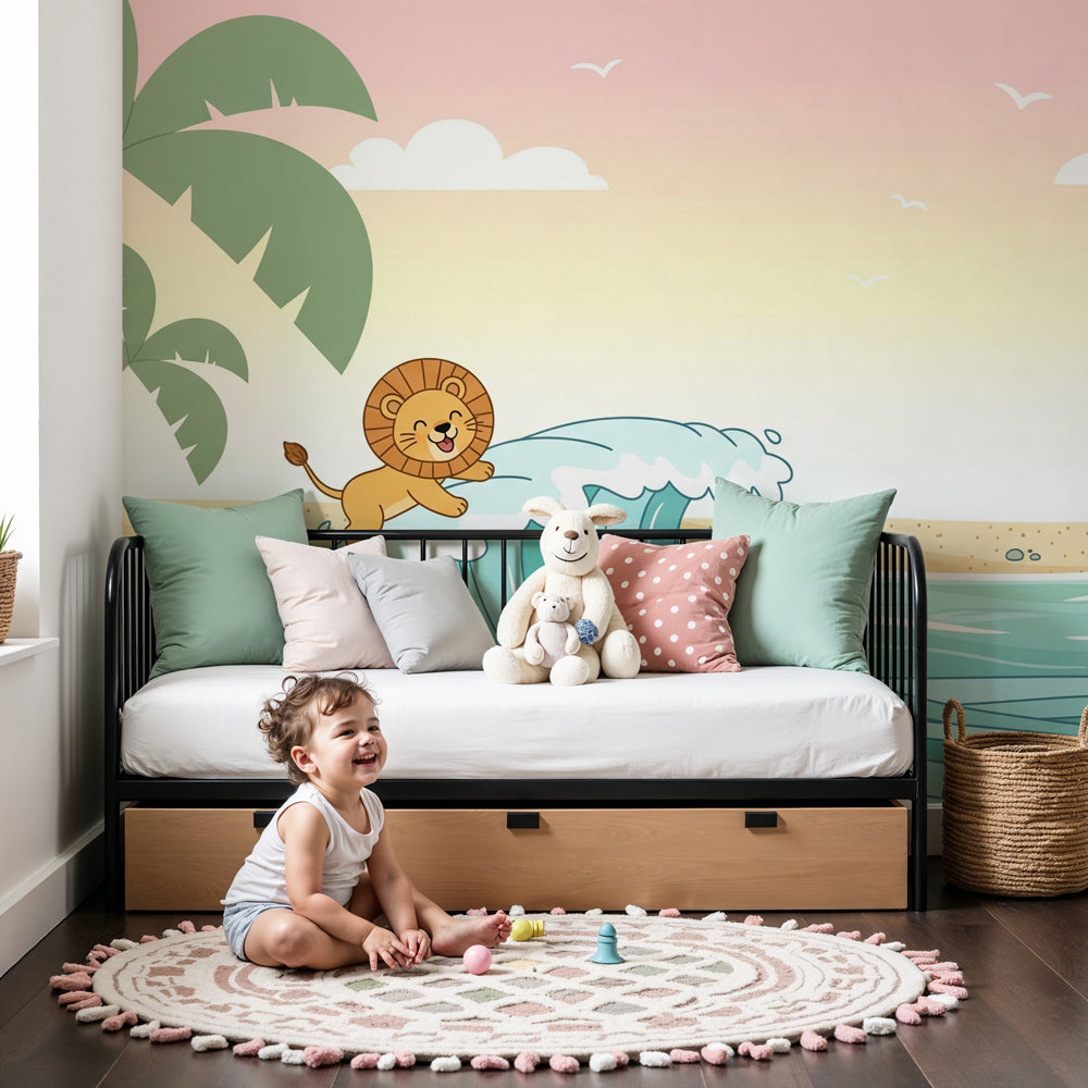Lion wave mural wallpaper creating tropical adventure theme in modern kids nursery by Kids-Mundo