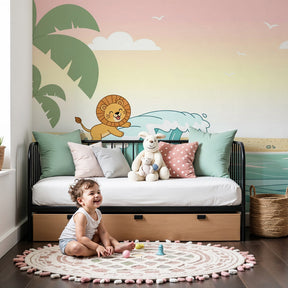 Lion wave mural wallpaper creating tropical adventure theme in modern kids nursery by Kids-Mundo