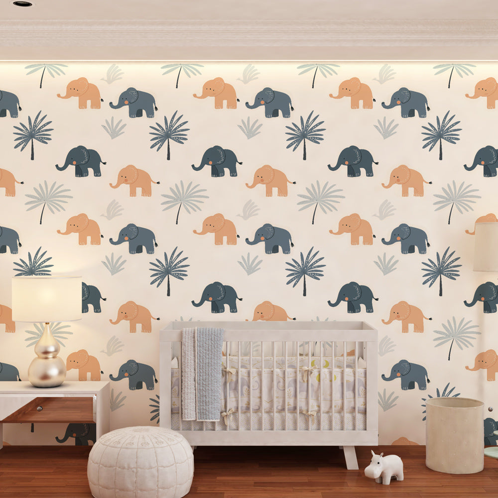 Kids-Mundo elephant pattern wall mural covering a full wall in a child's bedroom with palm leaves.