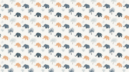 Kids-Mundo flat artwork of a repeating pattern of little grey and tan elephants among palm leaves.