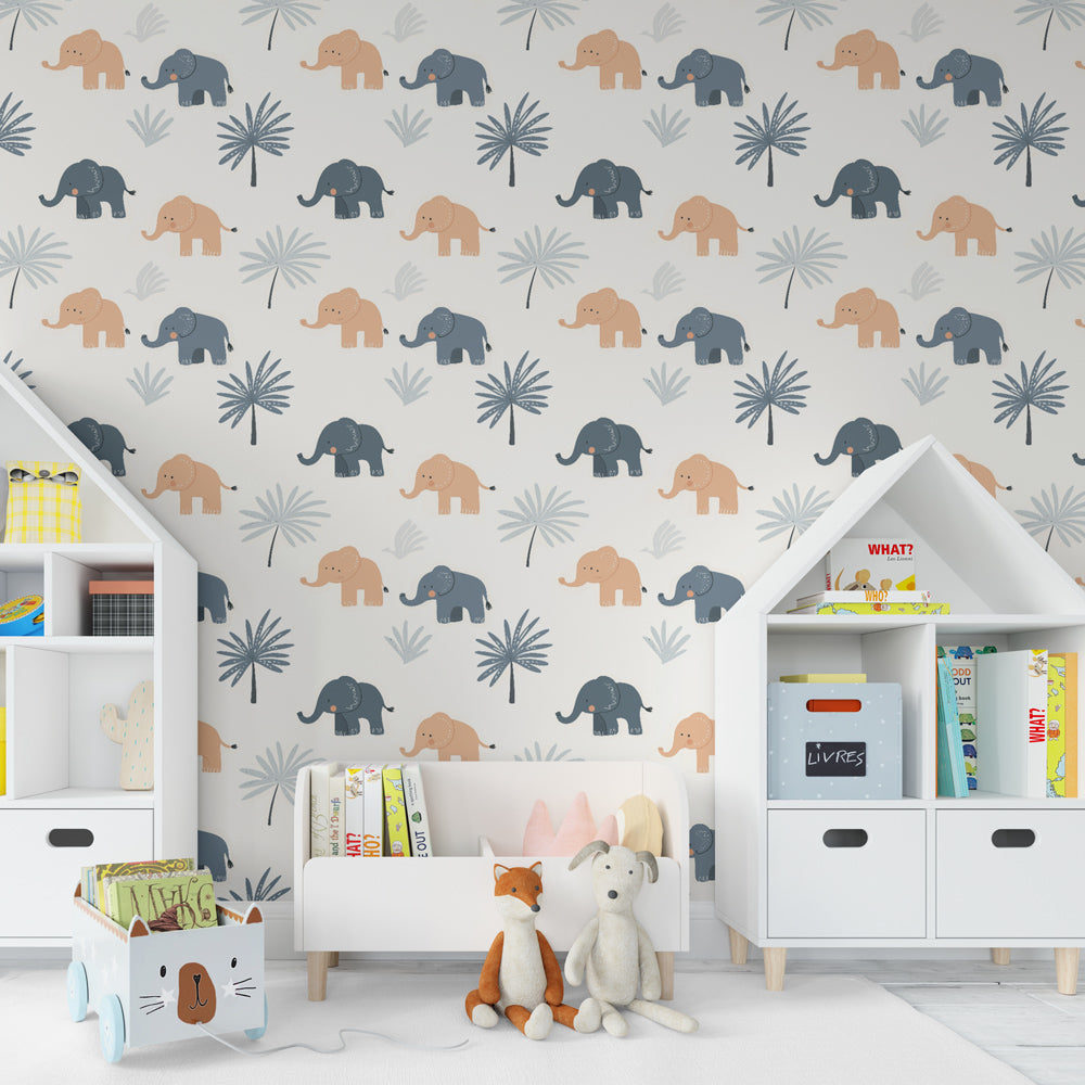 Kids-Mundo little elephants wallpaper installed as a gentle feature wall in a playroom.