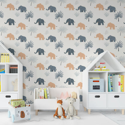 Kids-Mundo little elephants wallpaper installed as a gentle feature wall in a playroom.