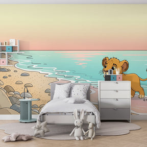 Lion on beach mural wallpaper complementing natural coastal decor in kids playroom by Kids-Mundo