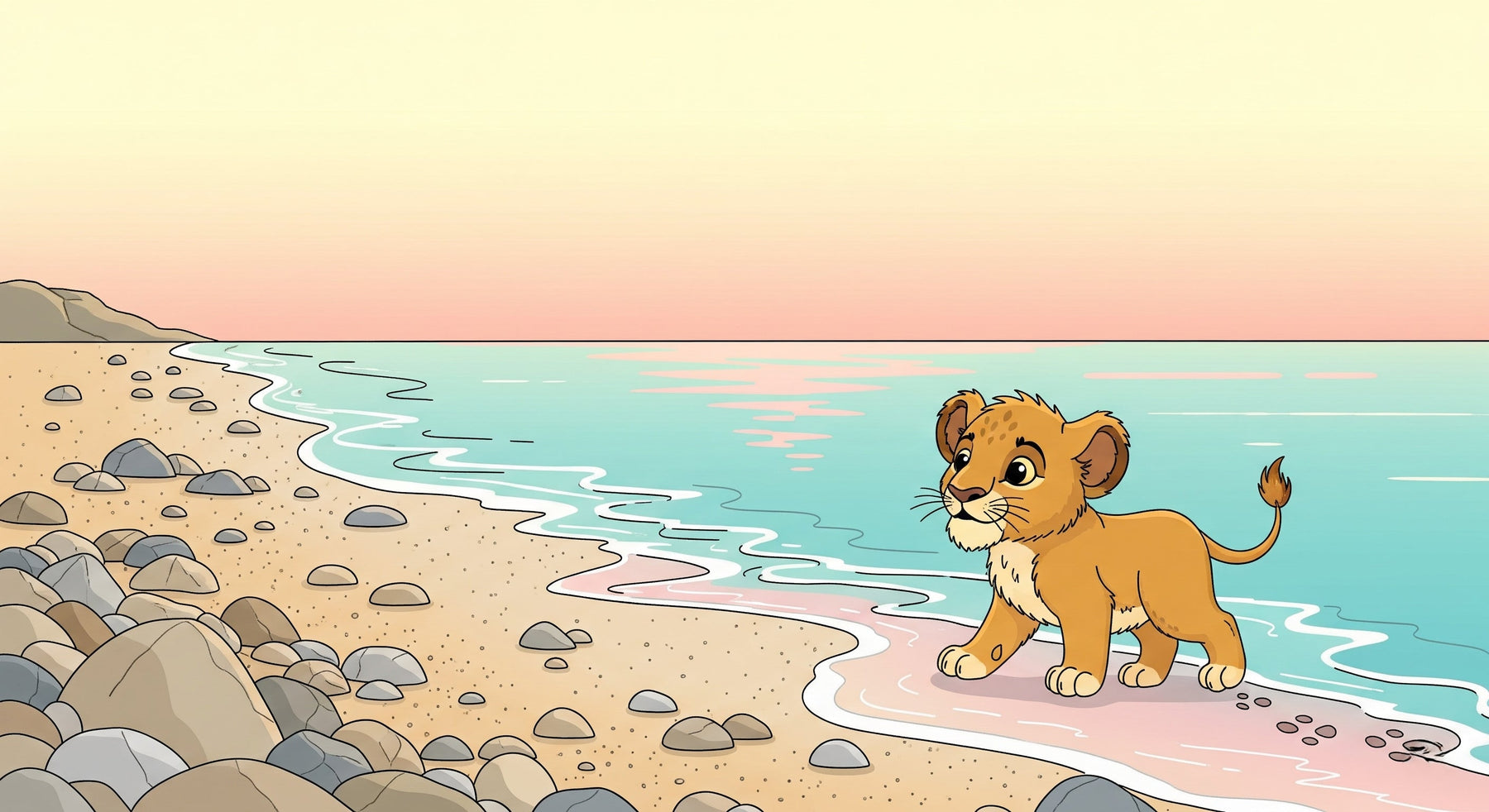 Detailed little lion beach scene mural wallpaper design pattern showing golden cub on sandy shore by Kids-Mundo
