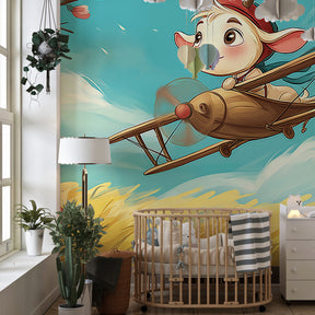 Aviation themed mural wallpaper creating magical children's bedroom decor with wooden airplane