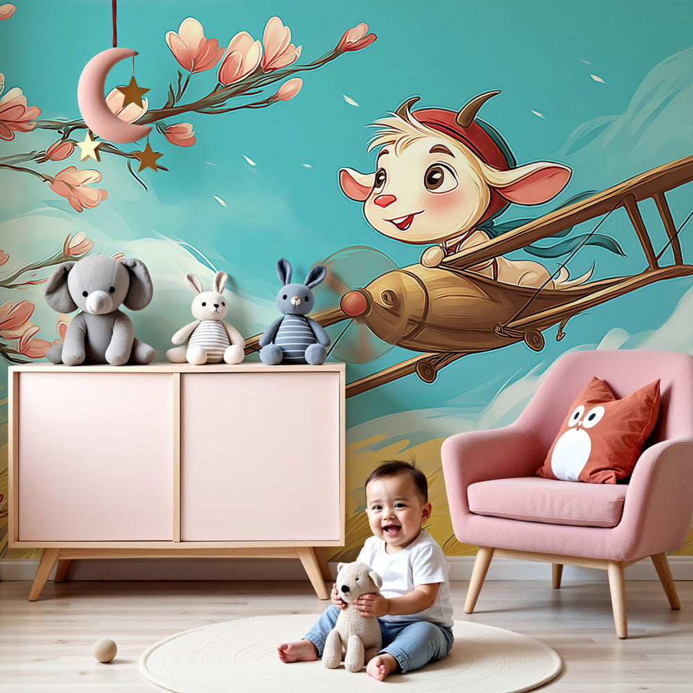 Little pilot adventure mural wallpaper in modern nursery with cherry blossoms by Kids-Mundo
