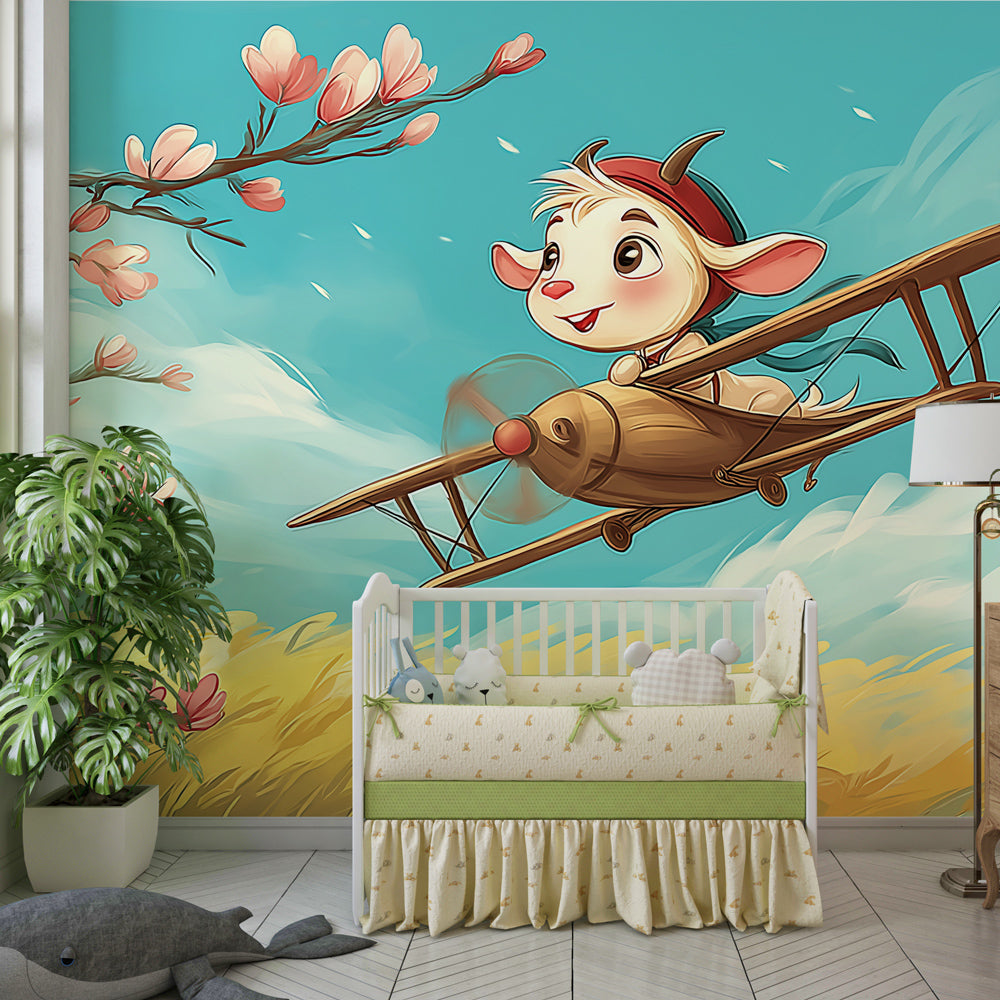 Cherry blossom pilot wallpaper transforming playroom into adventure-themed space for kids