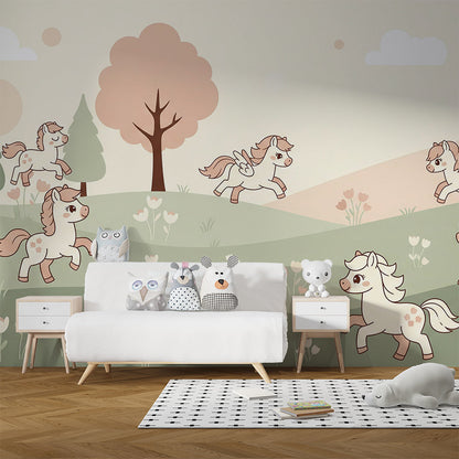 Kids-Mundo pony wall mural covering a wall in a toddler's bedroom with a cot bed
