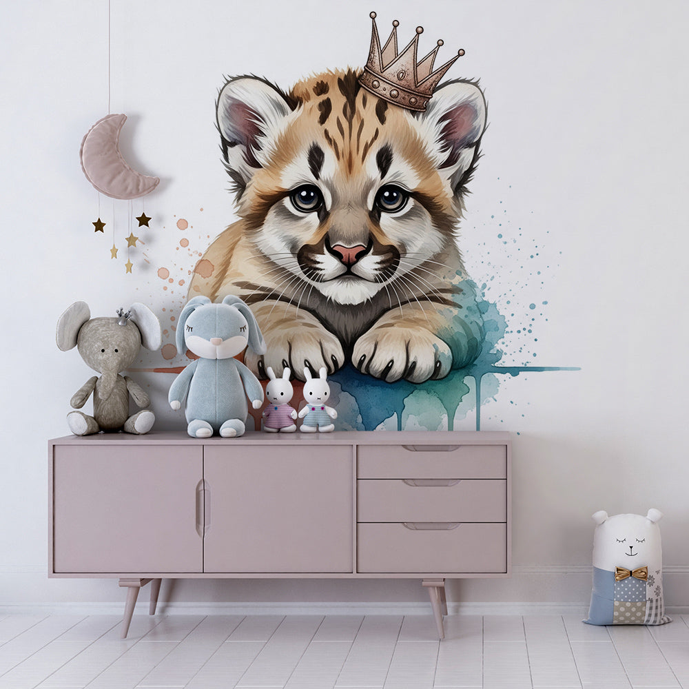 Kids-Mundo crowned tiger cub wall mural bringing colour to a young child's bedroom